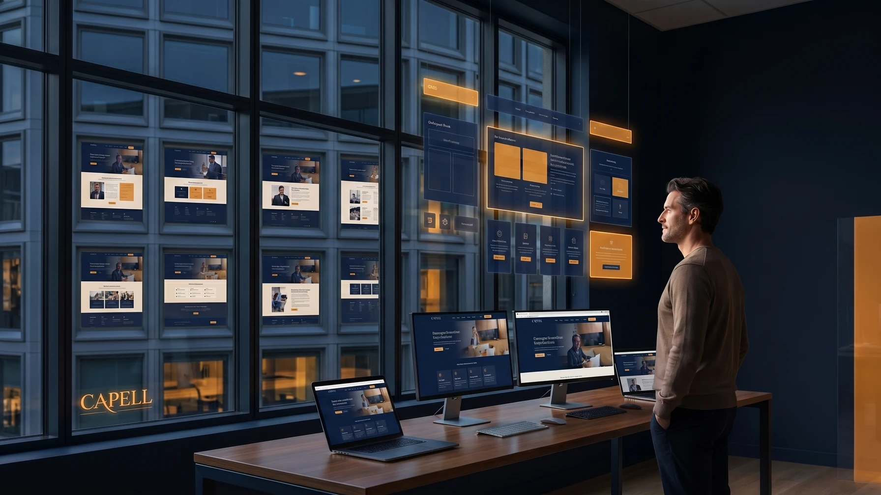 Hyperreal editorial illustration: A confident non-technical owner standing before a building of identical neat modular windows, each one a tidy finished page, calm and premium.