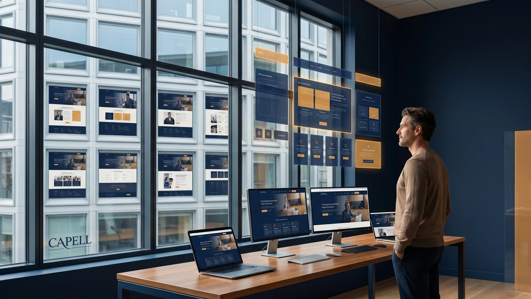 Hyperreal editorial illustration: A confident non-technical owner standing before a building of identical neat modular windows, each one a tidy finished page, calm and premium.