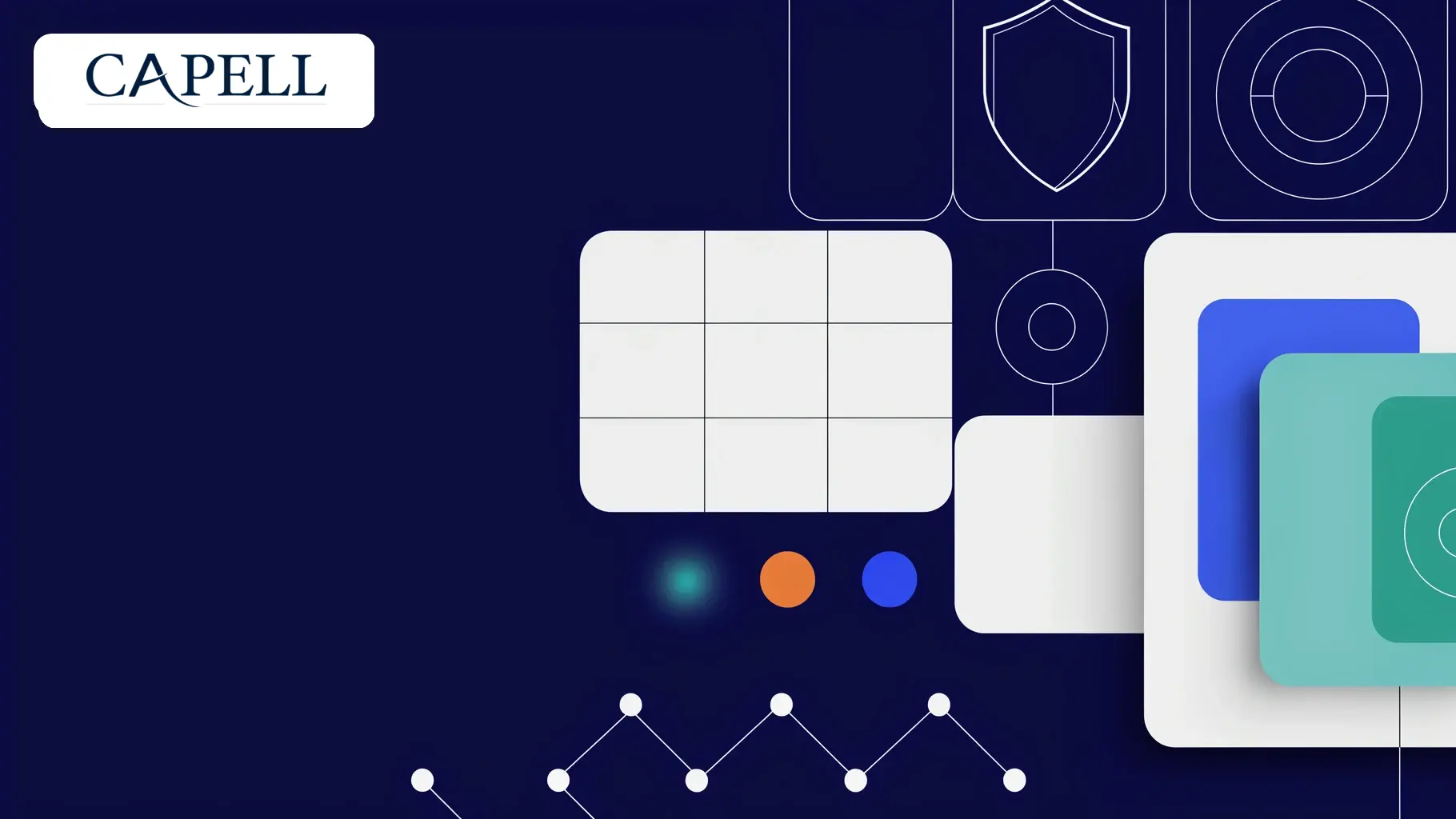 Capell trust artwork showing security, advisories, package compatibility, uptime status, and disclosure paths as abstract dashboard panels.