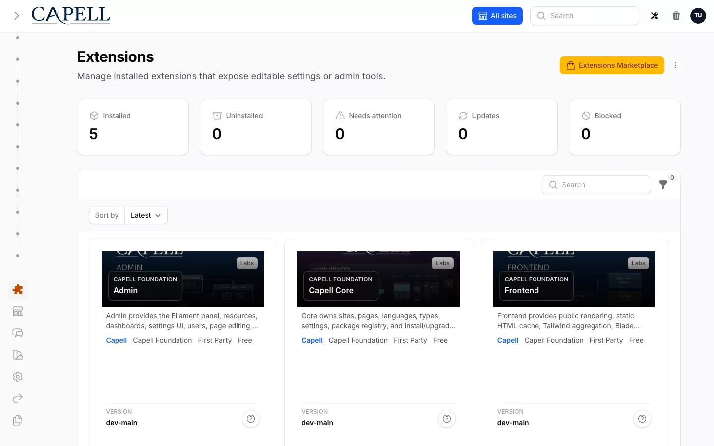 Actual Capell CMS extensions screen showing installed packages, package descriptions, versions, and management actions.