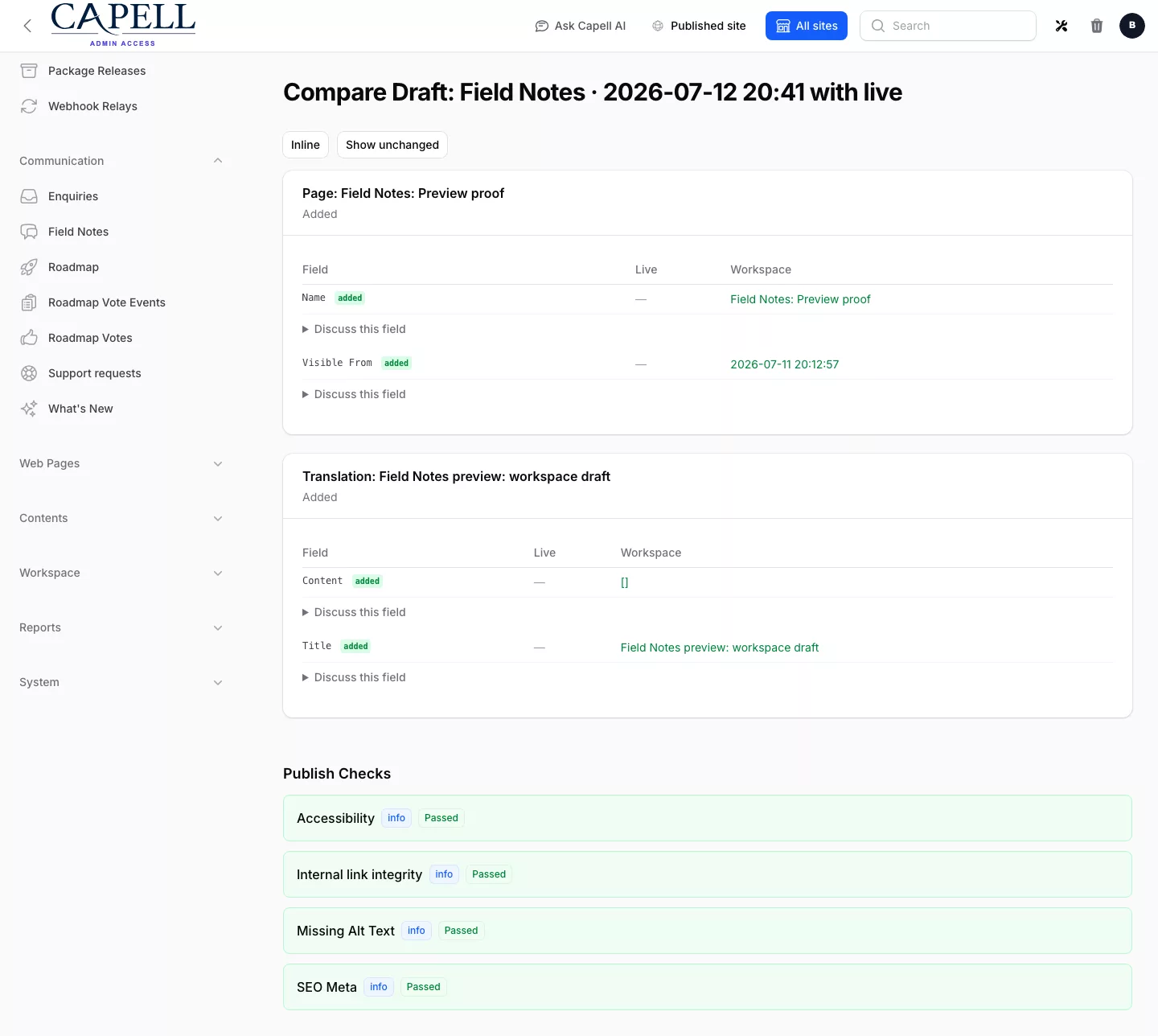 A real Capell readiness report showing versioned checks and their current status.