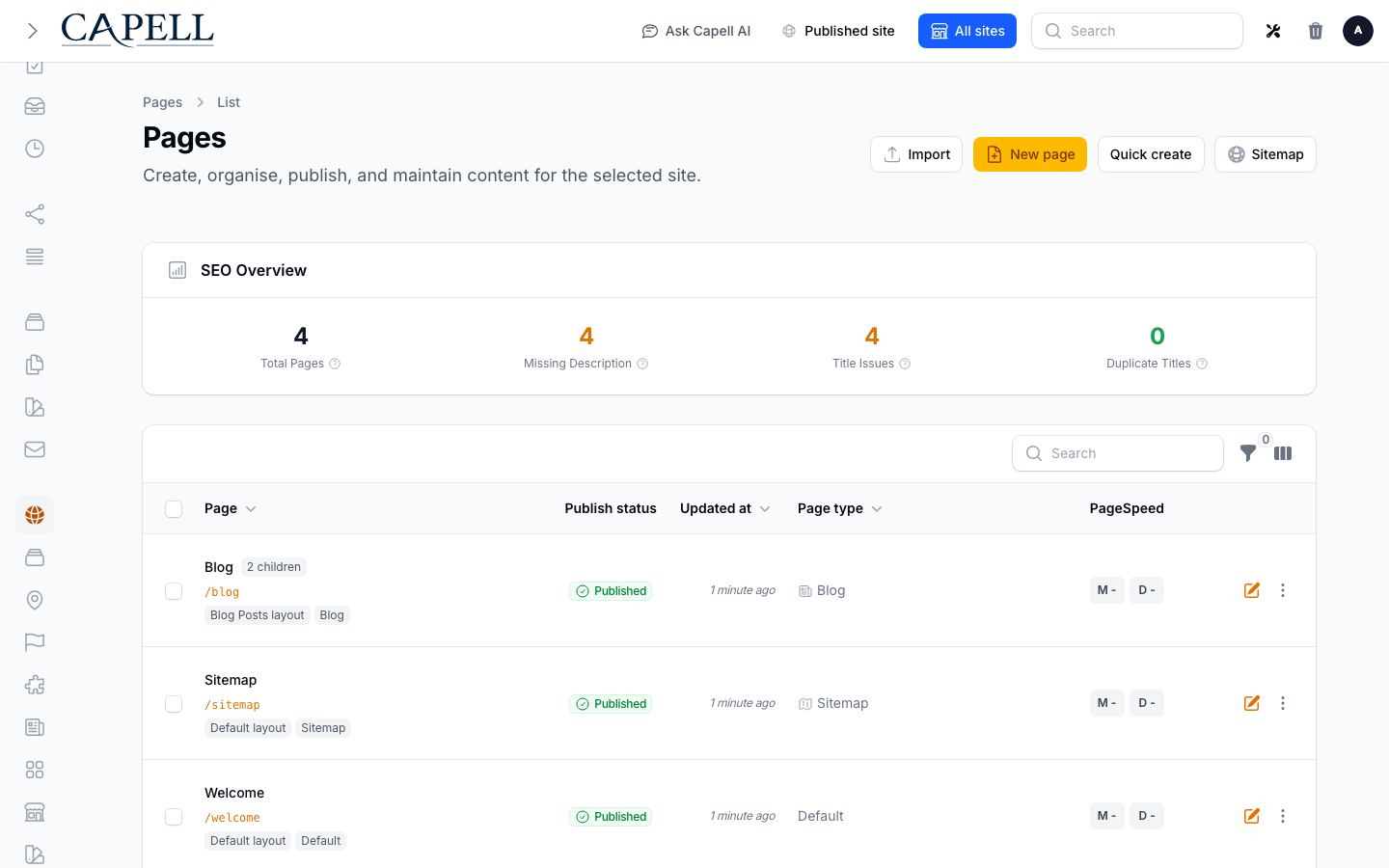 Themes: Actual Capell CMS Pages index showing its SEO Overview and columns for Page, Publish status, Updated at, Page type, and PageSpeed.