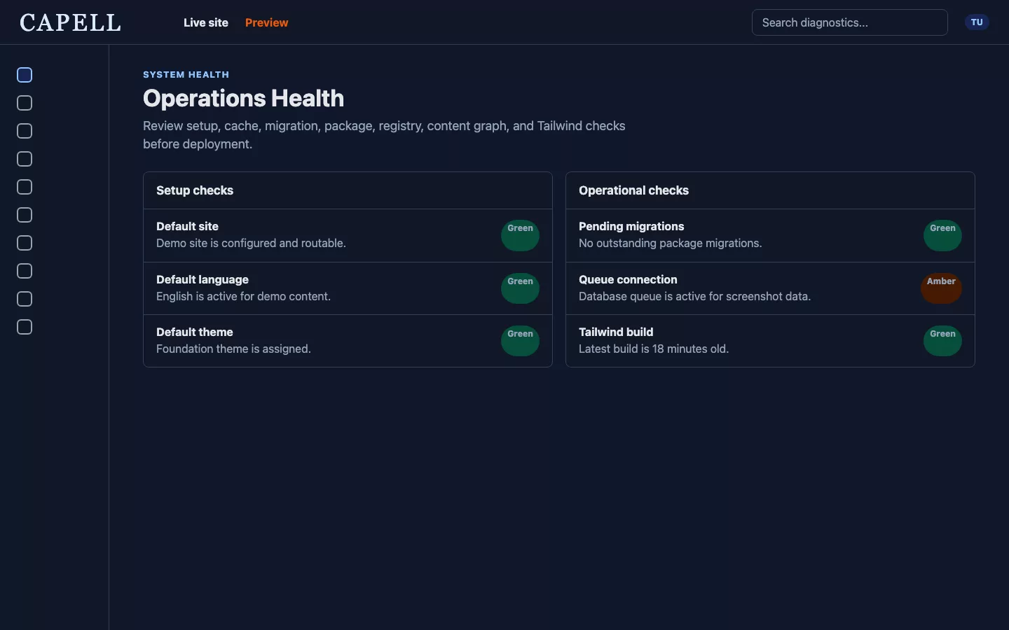 Actual Capell Diagnostics system health screen showing setup requirements, operational checks, statuses, and remediation actions.