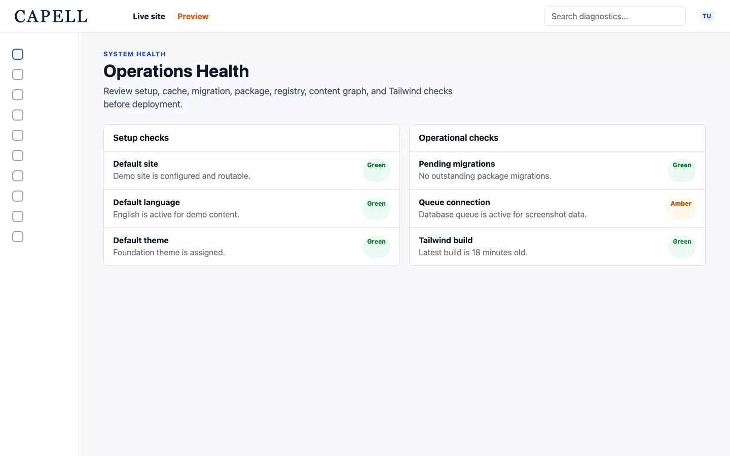 Actual Capell Diagnostics system health screen showing setup requirements, operational checks, statuses, and remediation actions.