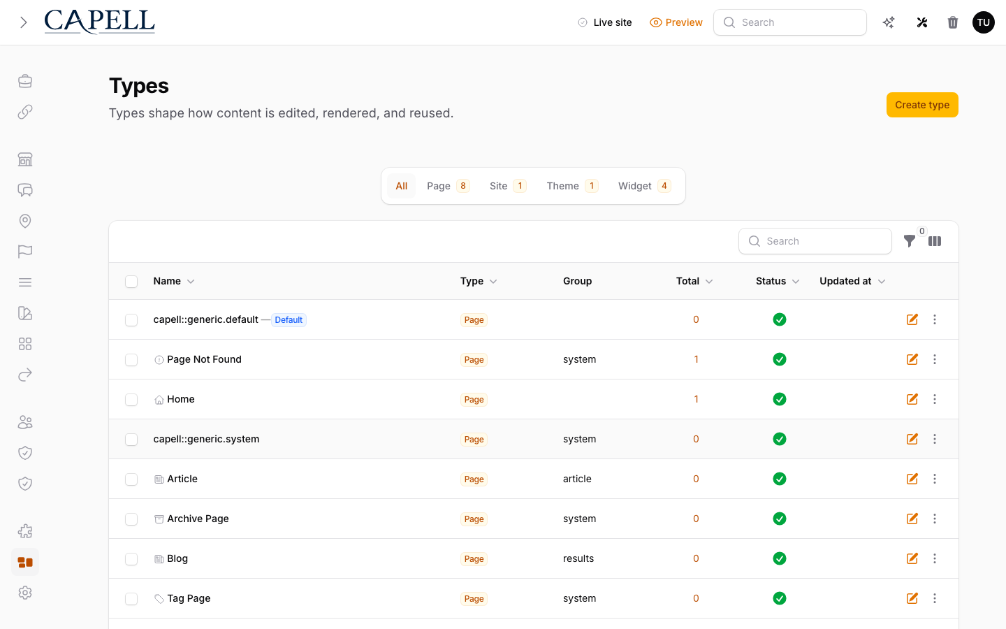 Themes: Actual Capell CMS page types screen showing registered content structures and their available editor actions.