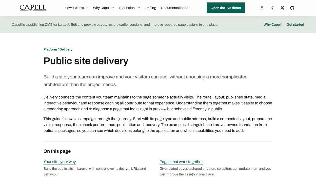 Themes: Actual anonymous Capell delivery guide showing the published overview and linked contents in its Laravel-rendered page.