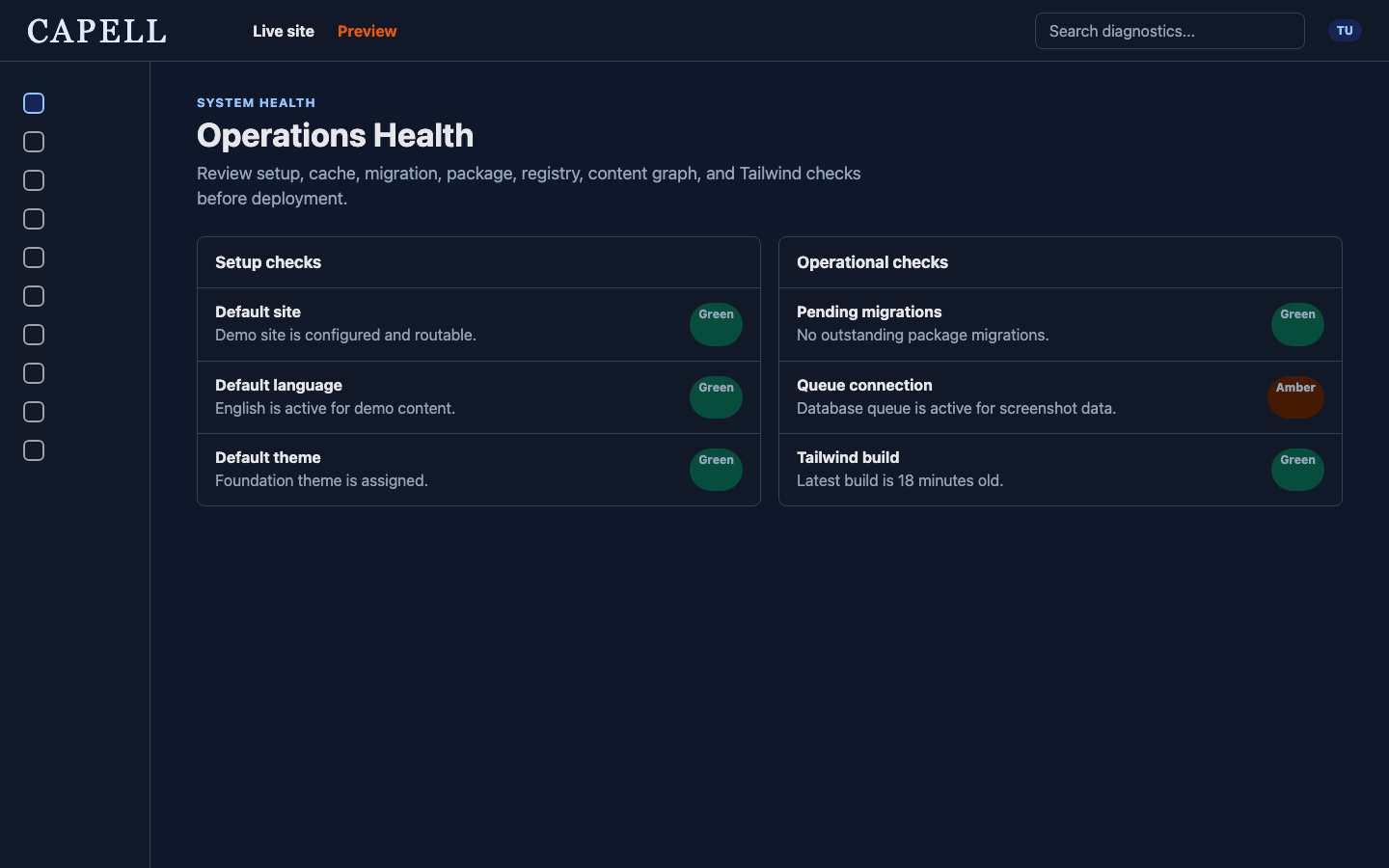 Trust: Actual Capell Diagnostics Operations Health screen showing site, language, theme, migration, queue, and Tailwind checks.