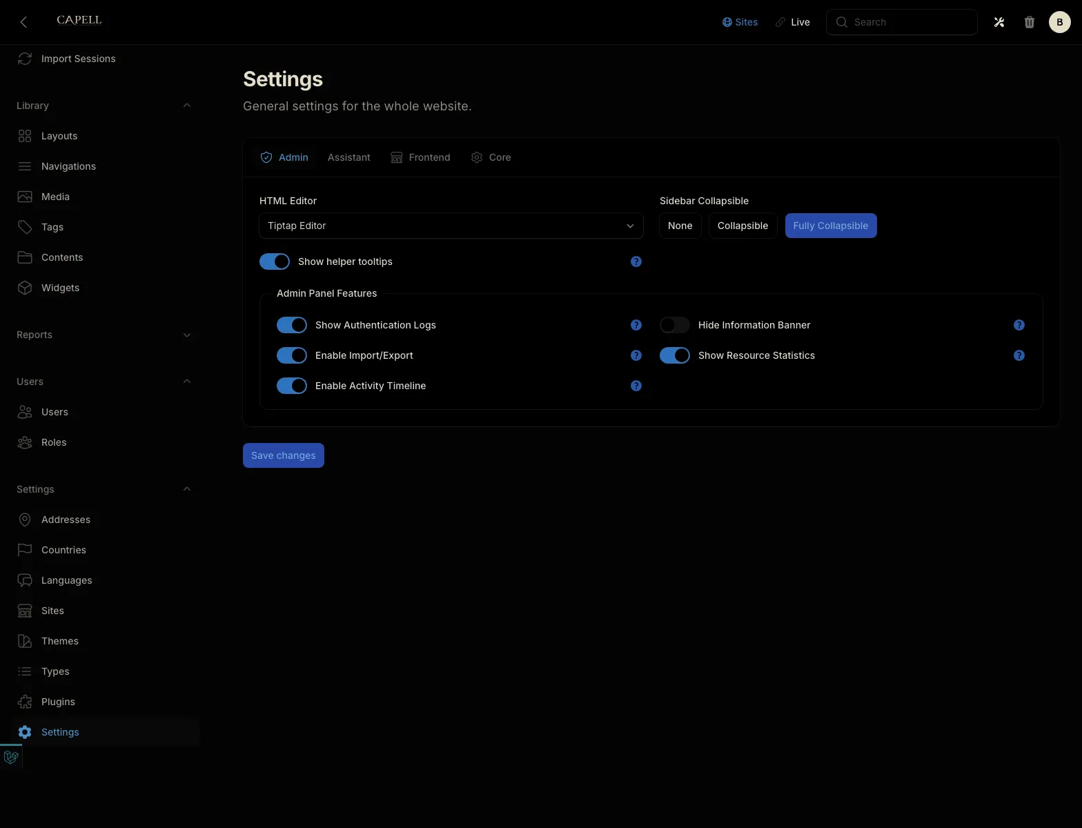 Actual Capell CMS site health screen showing optimizer readiness, server checks, cache status, queue status, and scheduler warnings.