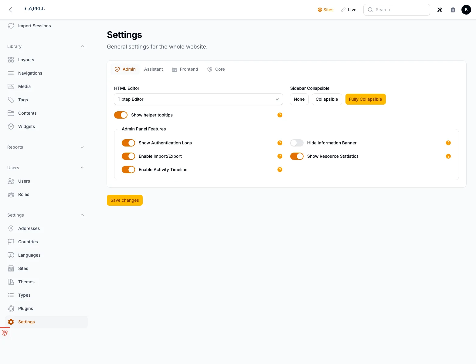 Actual Capell CMS site health screen showing optimizer readiness, server checks, cache status, queue status, and scheduler warnings.