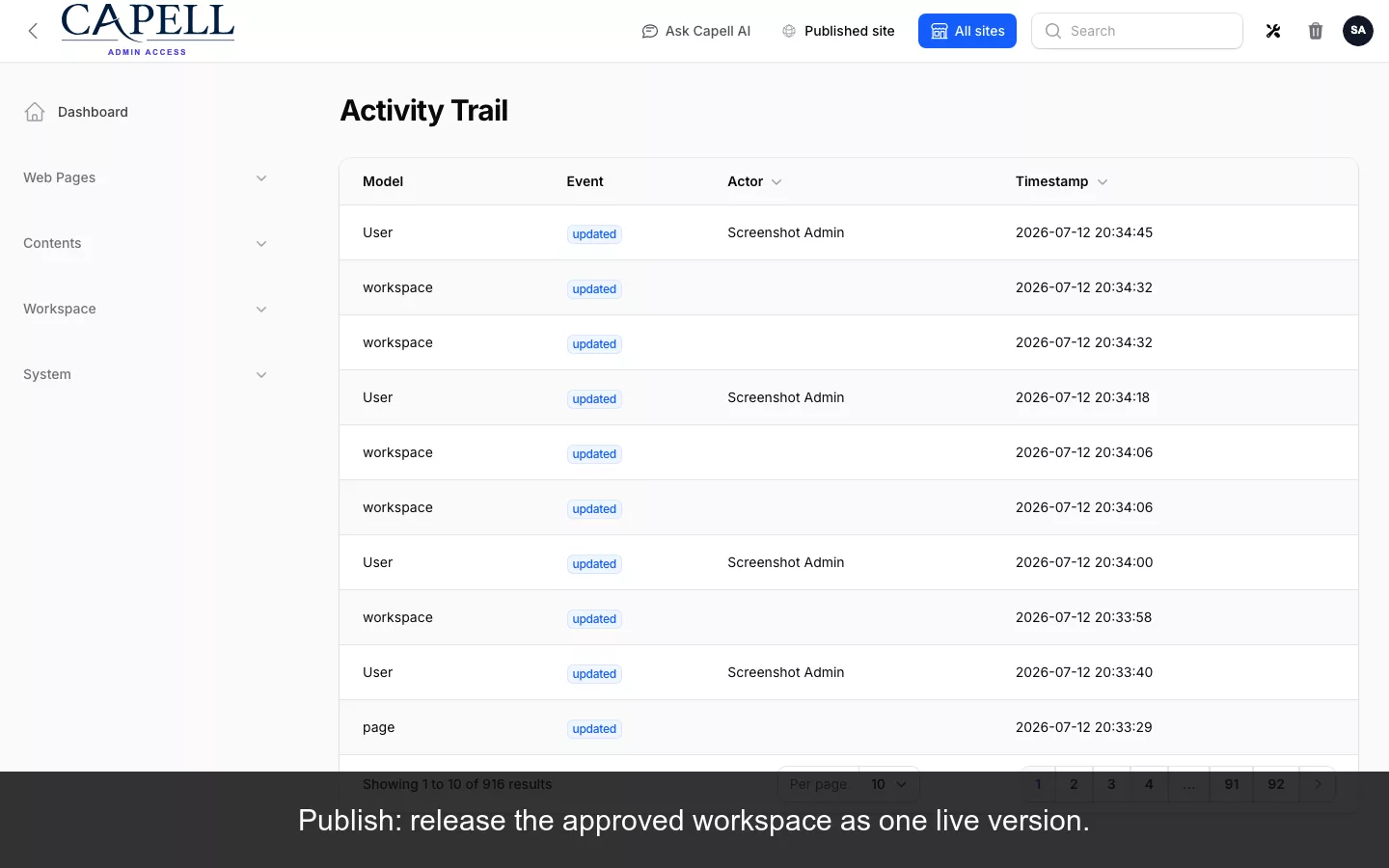Captioned frame from the real Publishing Studio workflow recording showing the approved content publishing step.
