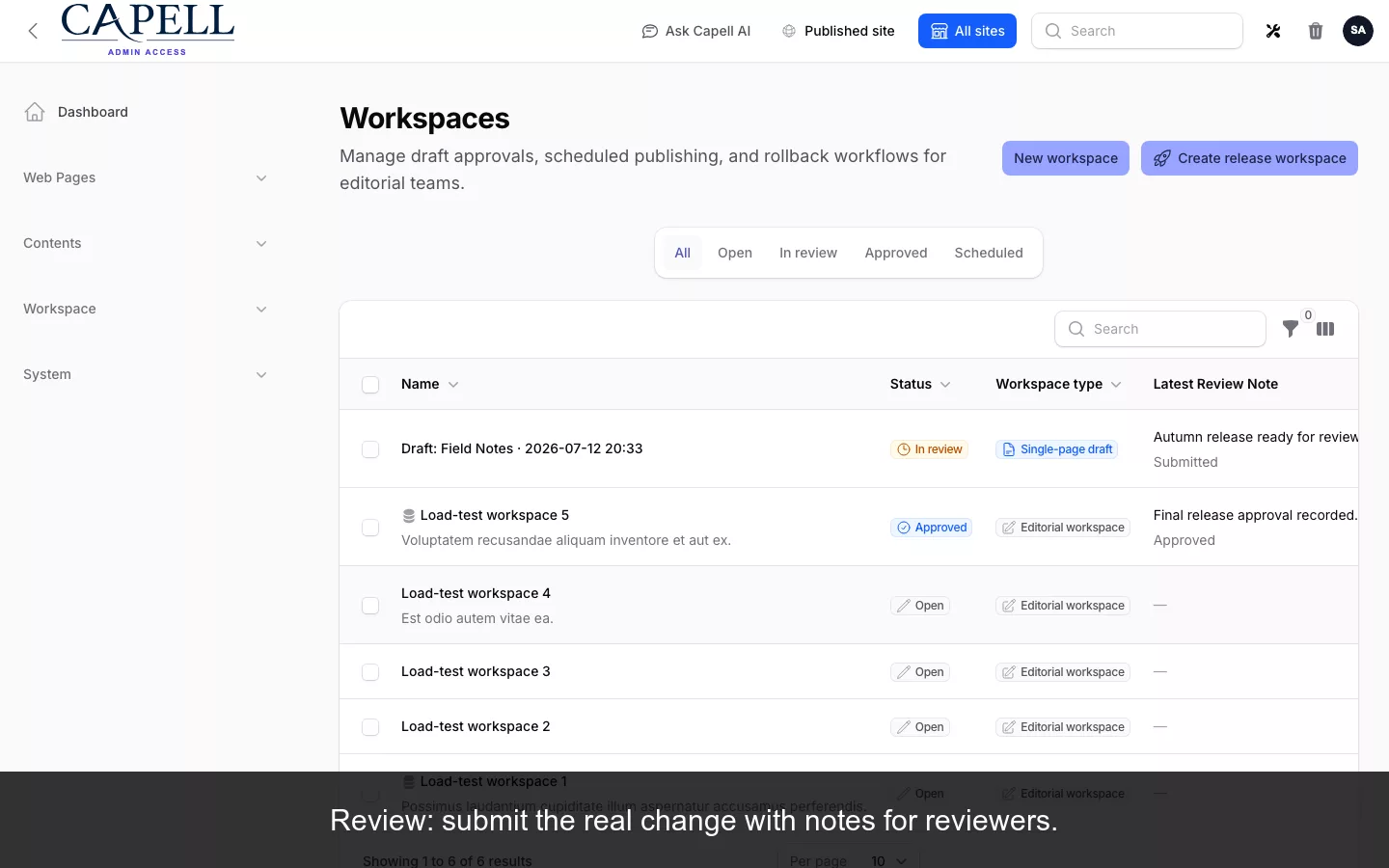 Captioned frame from the real Publishing Studio workflow recording showing the review step for a draft change.