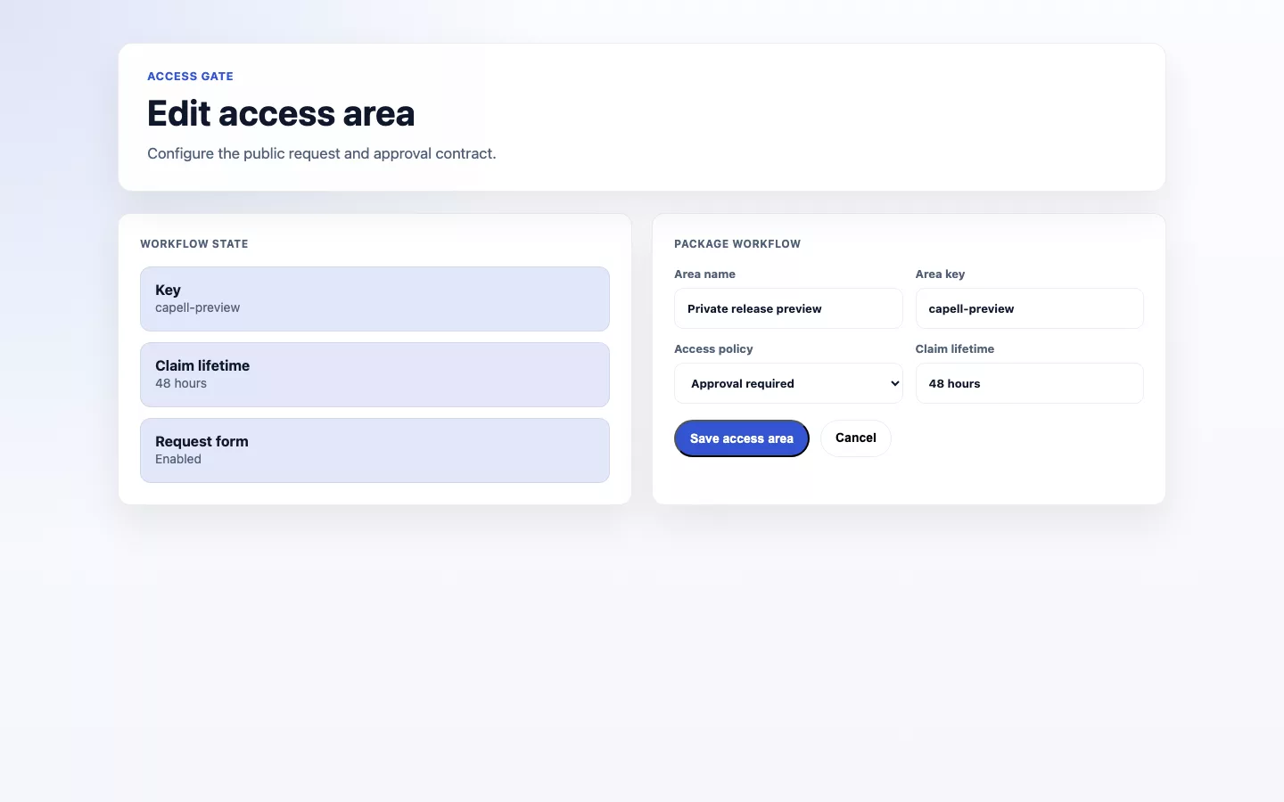 Illustrative access Gate access area form showing schedule, request, token, allowlist, and metadata settings.