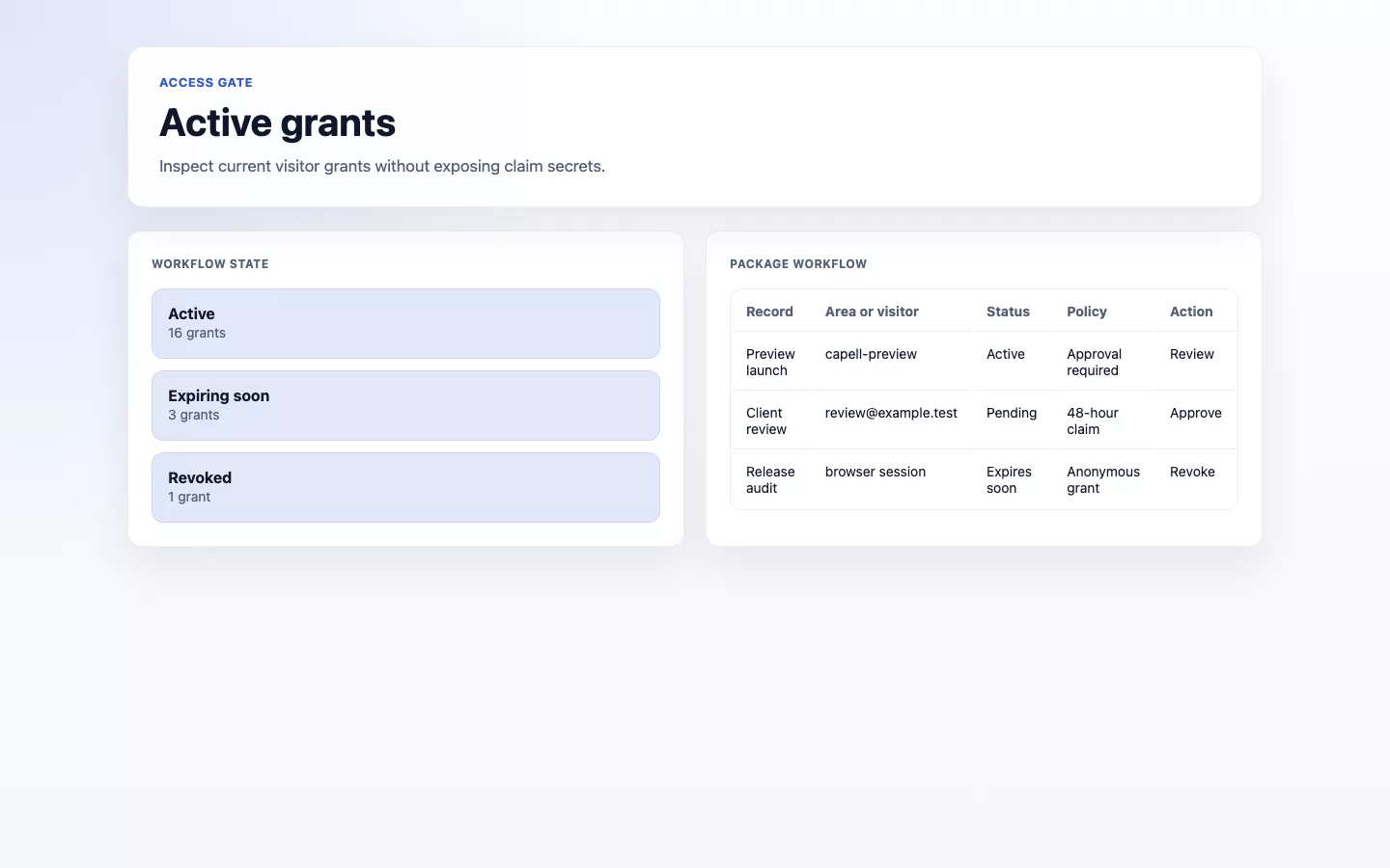 Illustrative access Gate grants admin index showing active, expired, and revoked grants.