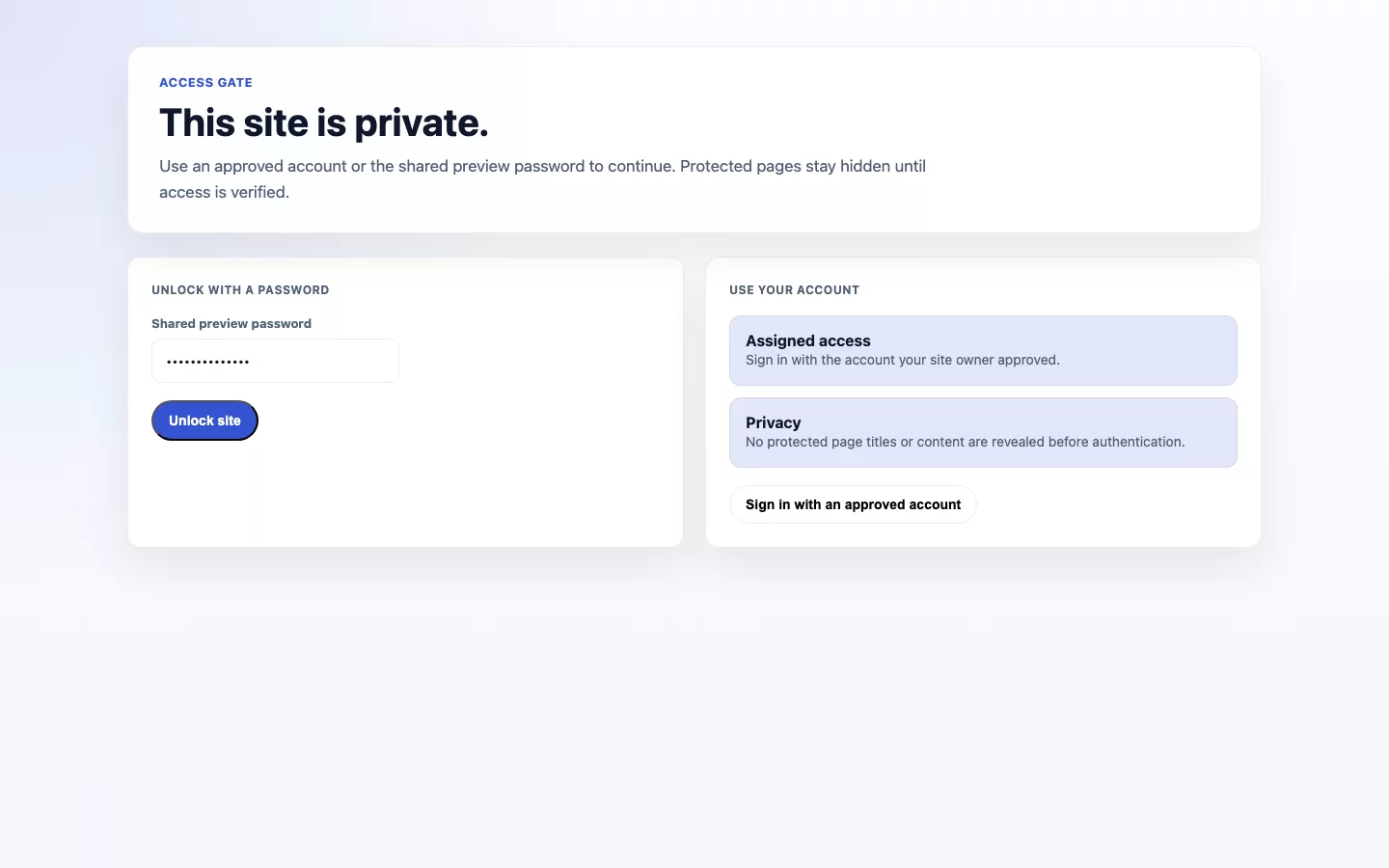 Illustrative access Gate Site Lockdown unlock screen with a shared access password and assigned-account sign-in.