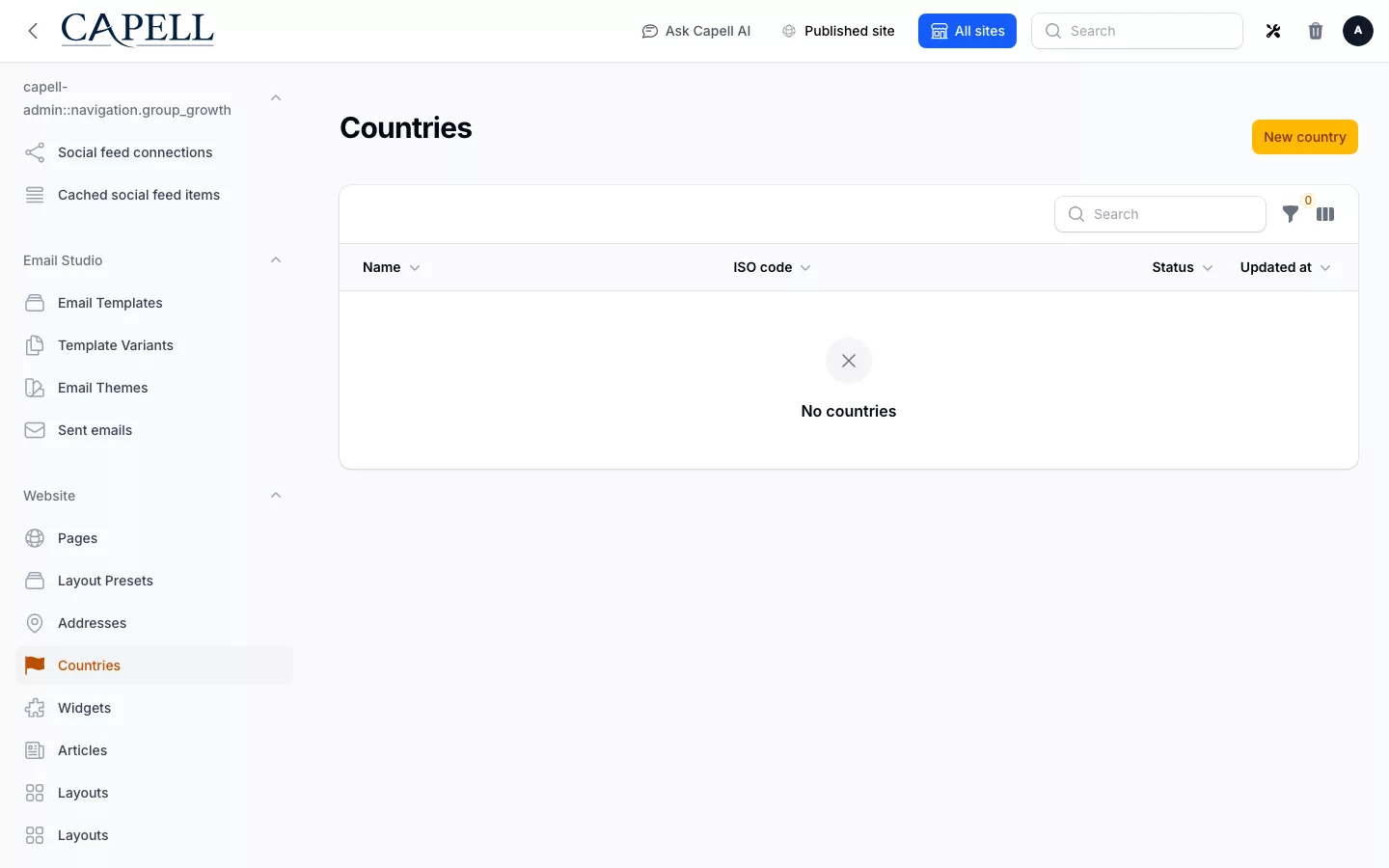 Address screenshot showing countries admin index with admin sidebar menu open.