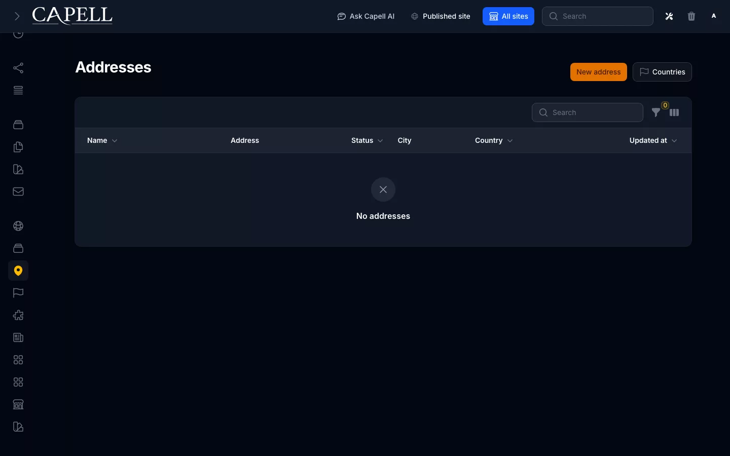 Addresses admin index (dark mode)