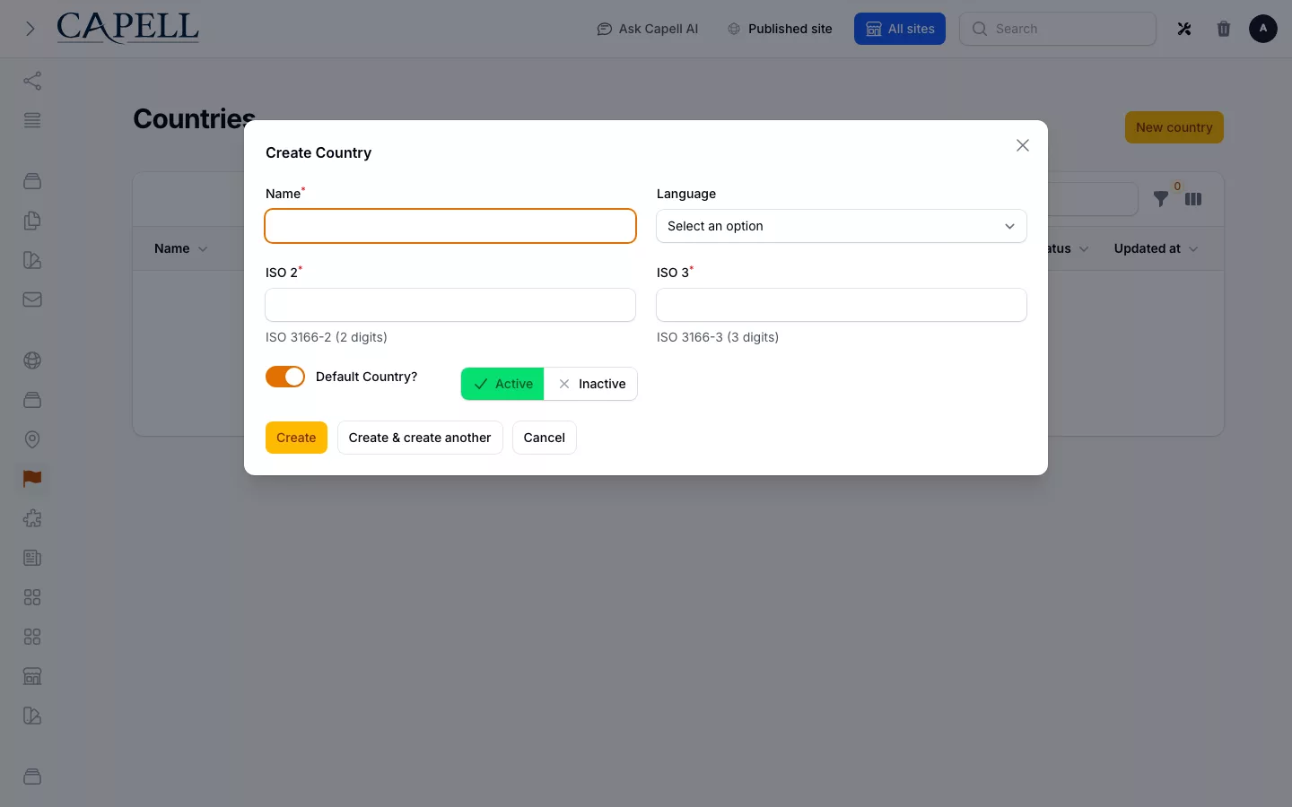 Address screenshot showing create/edit country form.