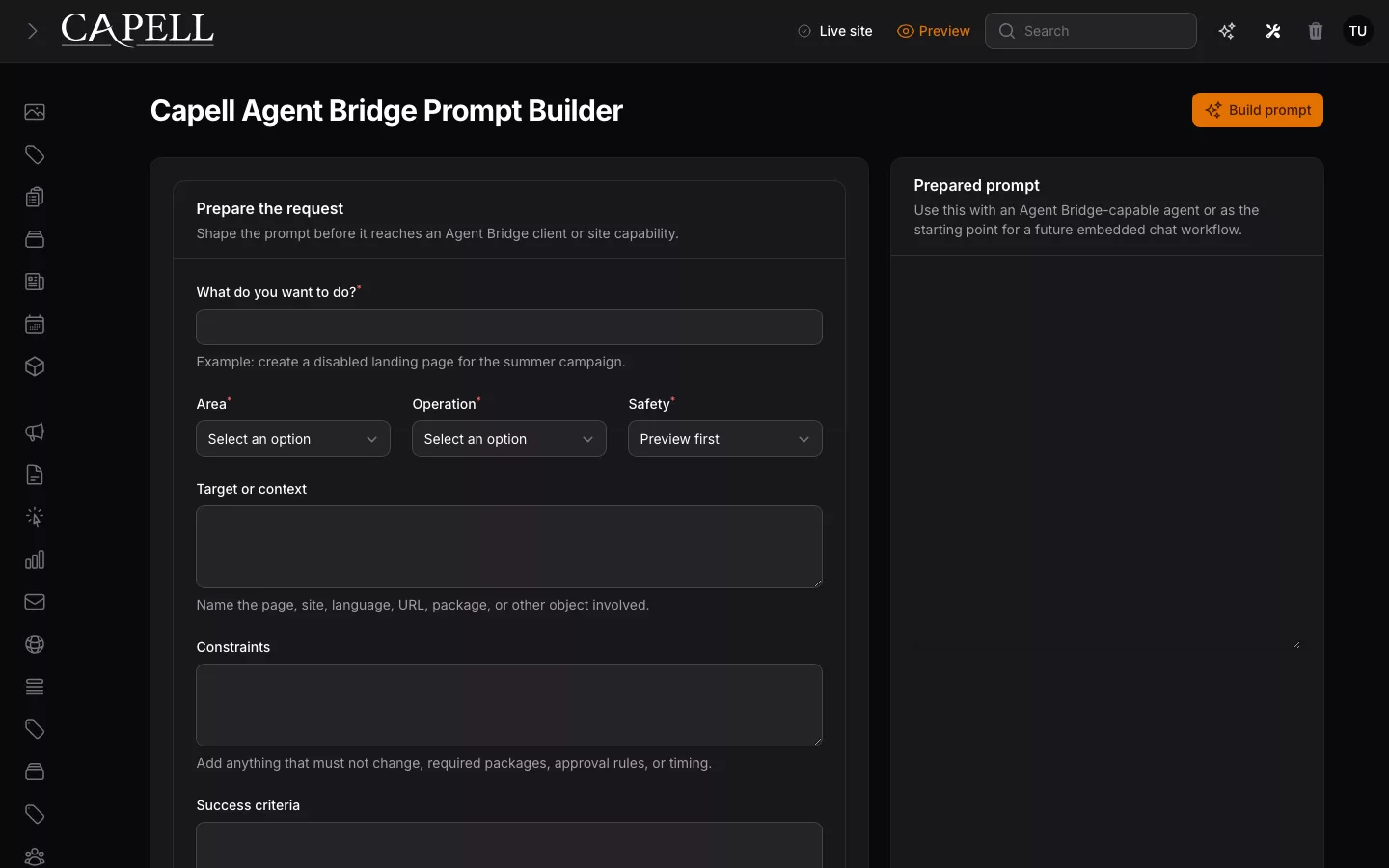 Agent Bridge prompt builder page in dark mode with package context and scoped instructions.