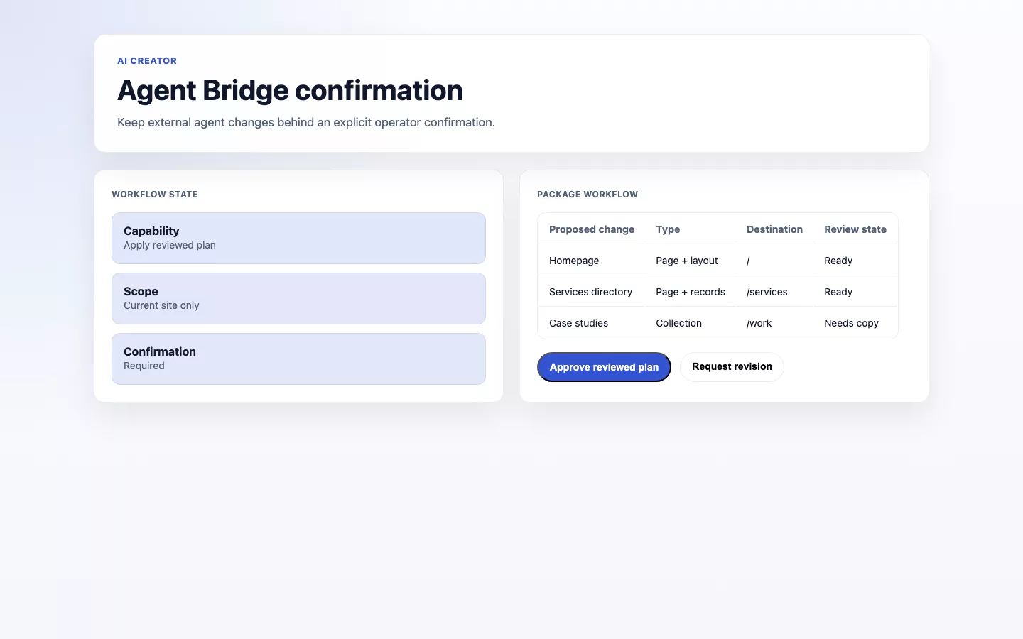 AI Creator screenshot showing ai creator agent bridge confirmation.