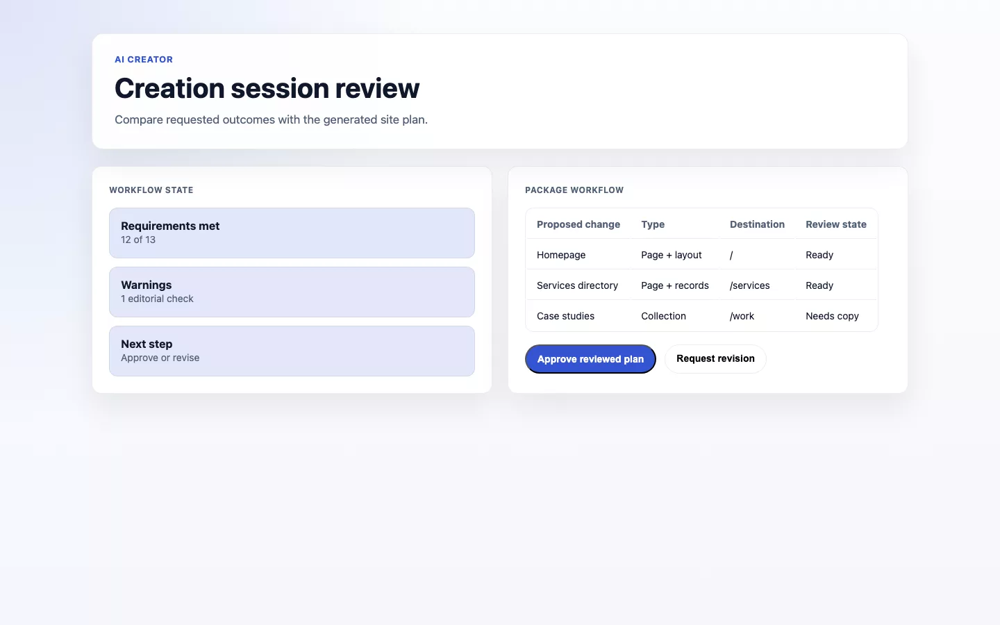 AI Creator screenshot showing ai creator reviewed session detail.