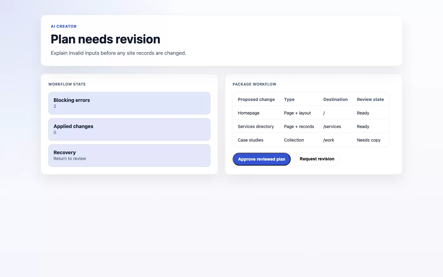 AI Creator screenshot showing ai creator validation failure.