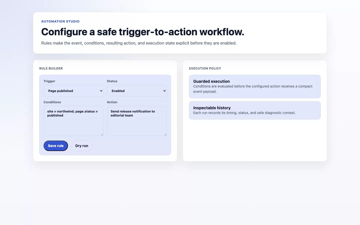 Automation Studio screenshot showing automation rule trigger and action builder.