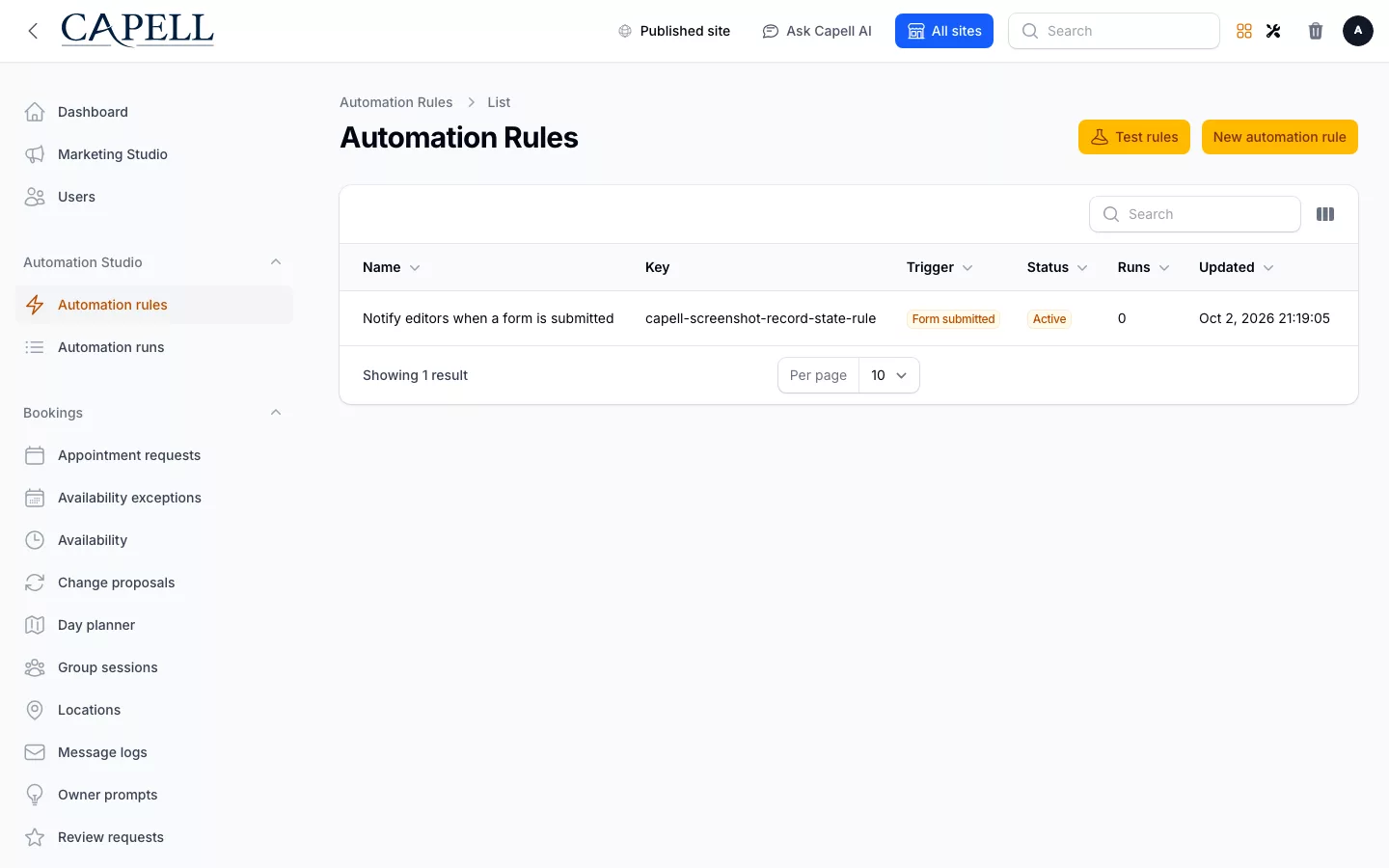 Automation Studio screenshot showing automation rules admin index with admin sidebar menu open.