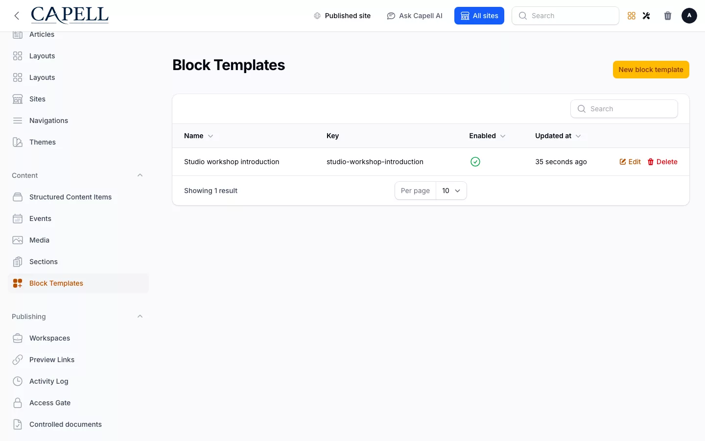 Block Library screenshot showing reusable block templates with the admin sidebar open.