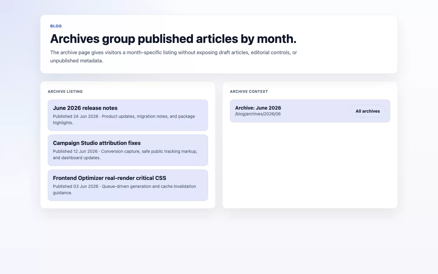 Blog screenshot showing archive page frontend output.