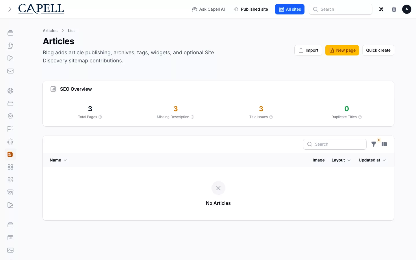 Articles admin index showing article publishing status and editorial controls