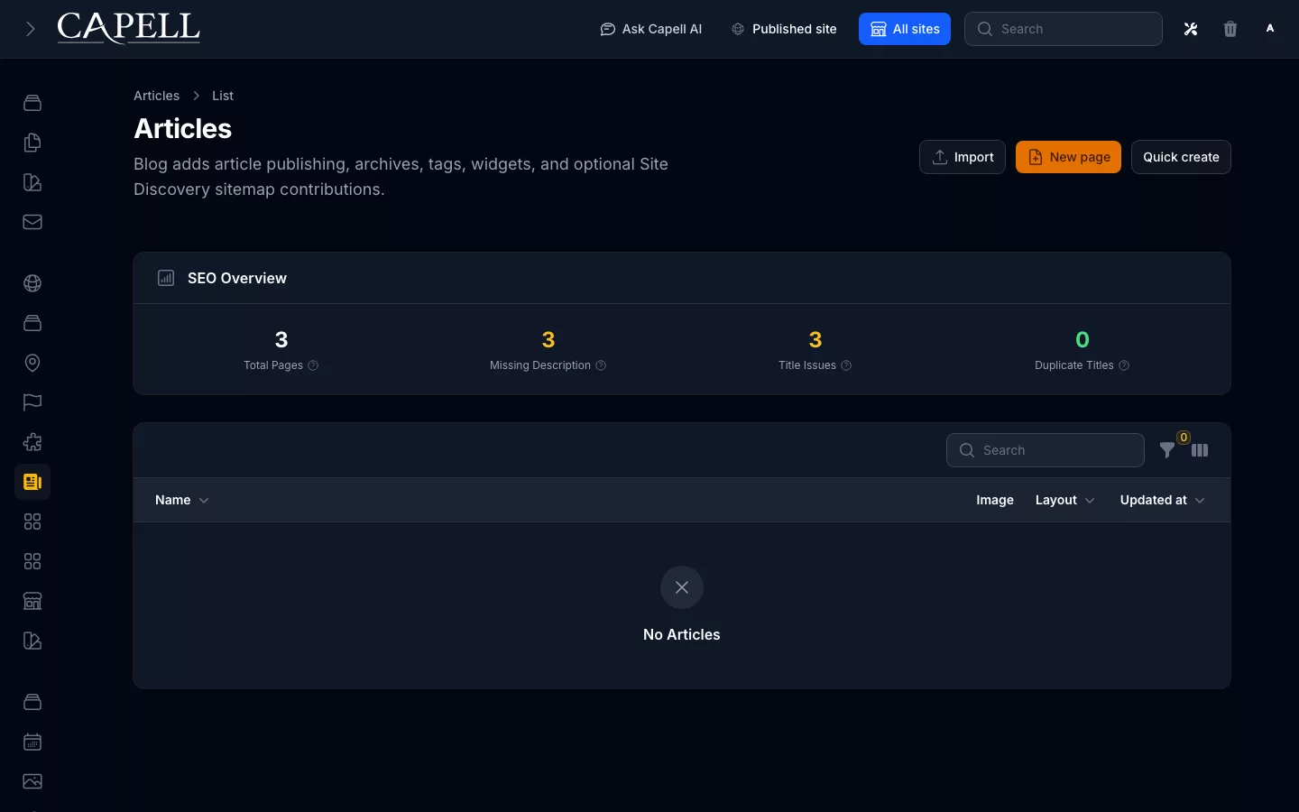 Articles admin index in dark mode