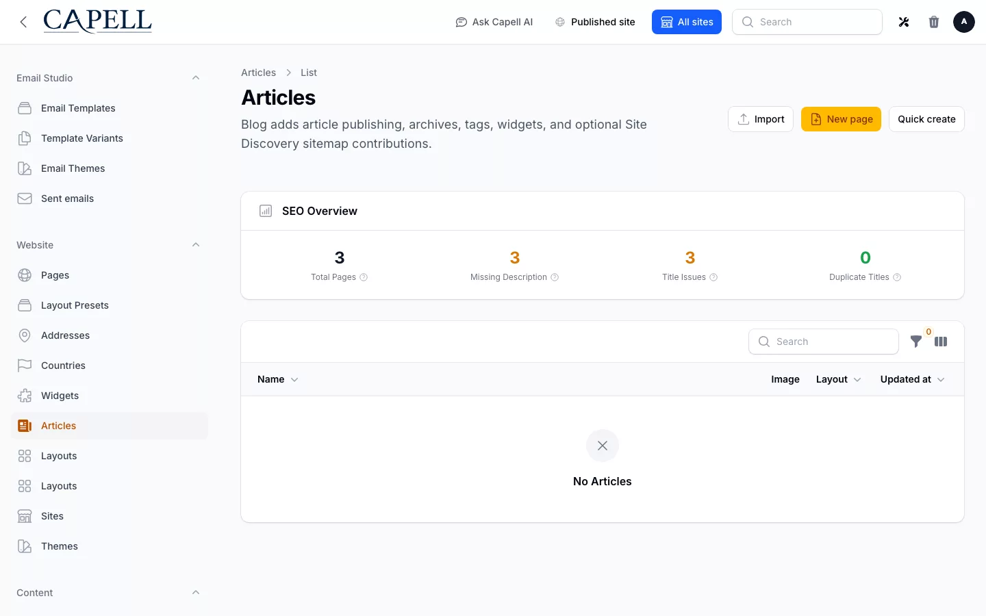 Blog screenshot showing articles admin index with admin sidebar menu open.