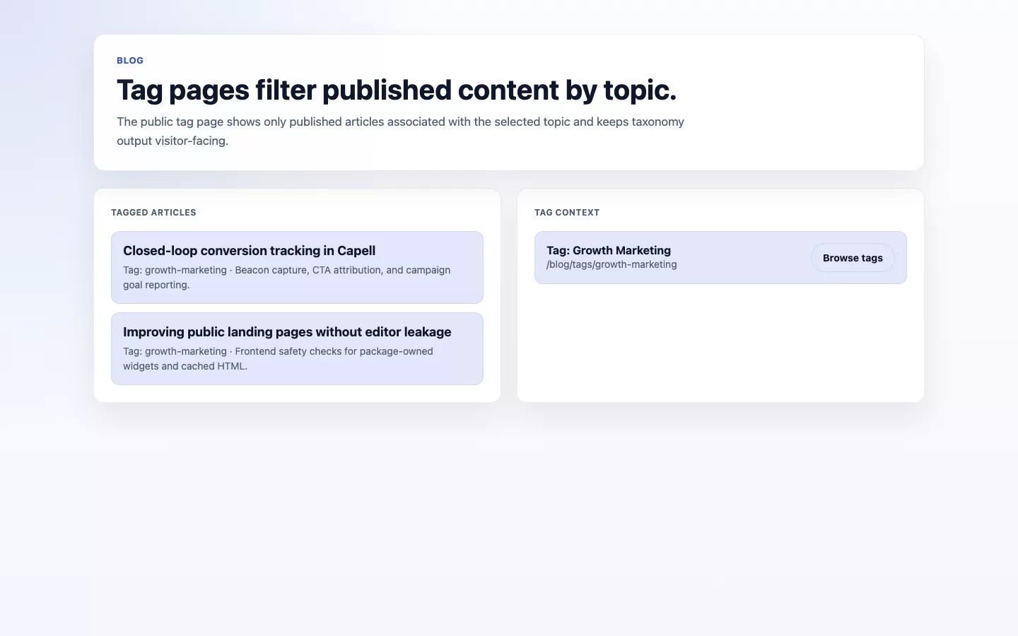 Blog screenshot showing tag page frontend output.