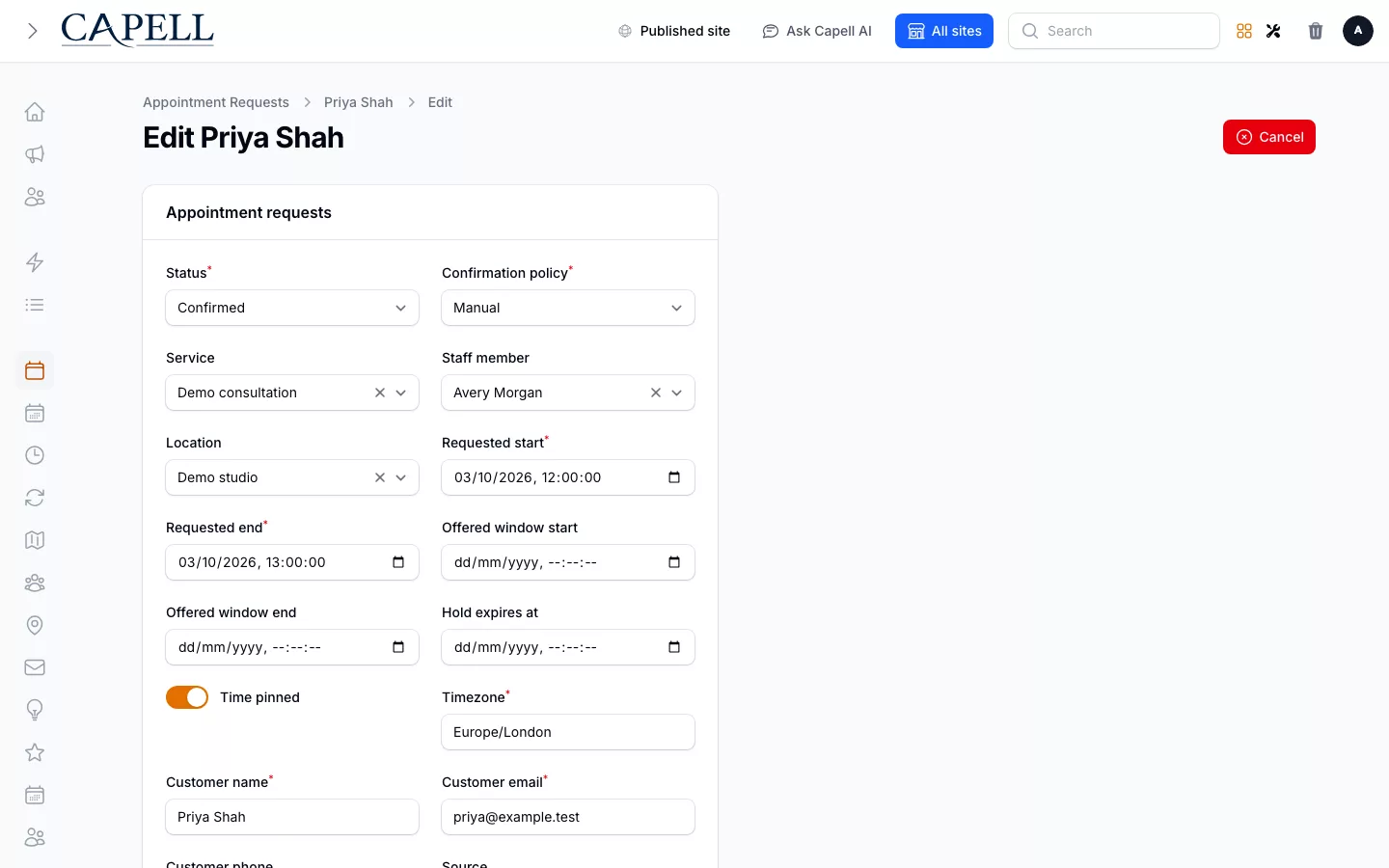 Bookings screenshot showing appointment request workflow detail.