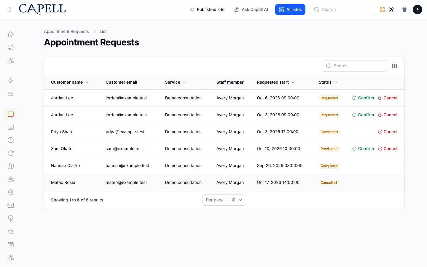 Admin appointment request queue with requested, confirmed, and audited booking states.