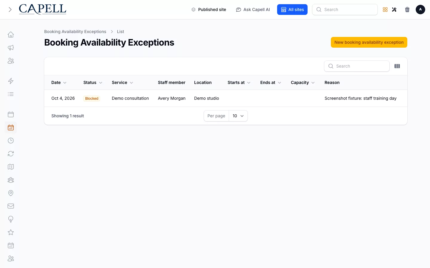 Bookings screenshot showing booking availability exception calendar.