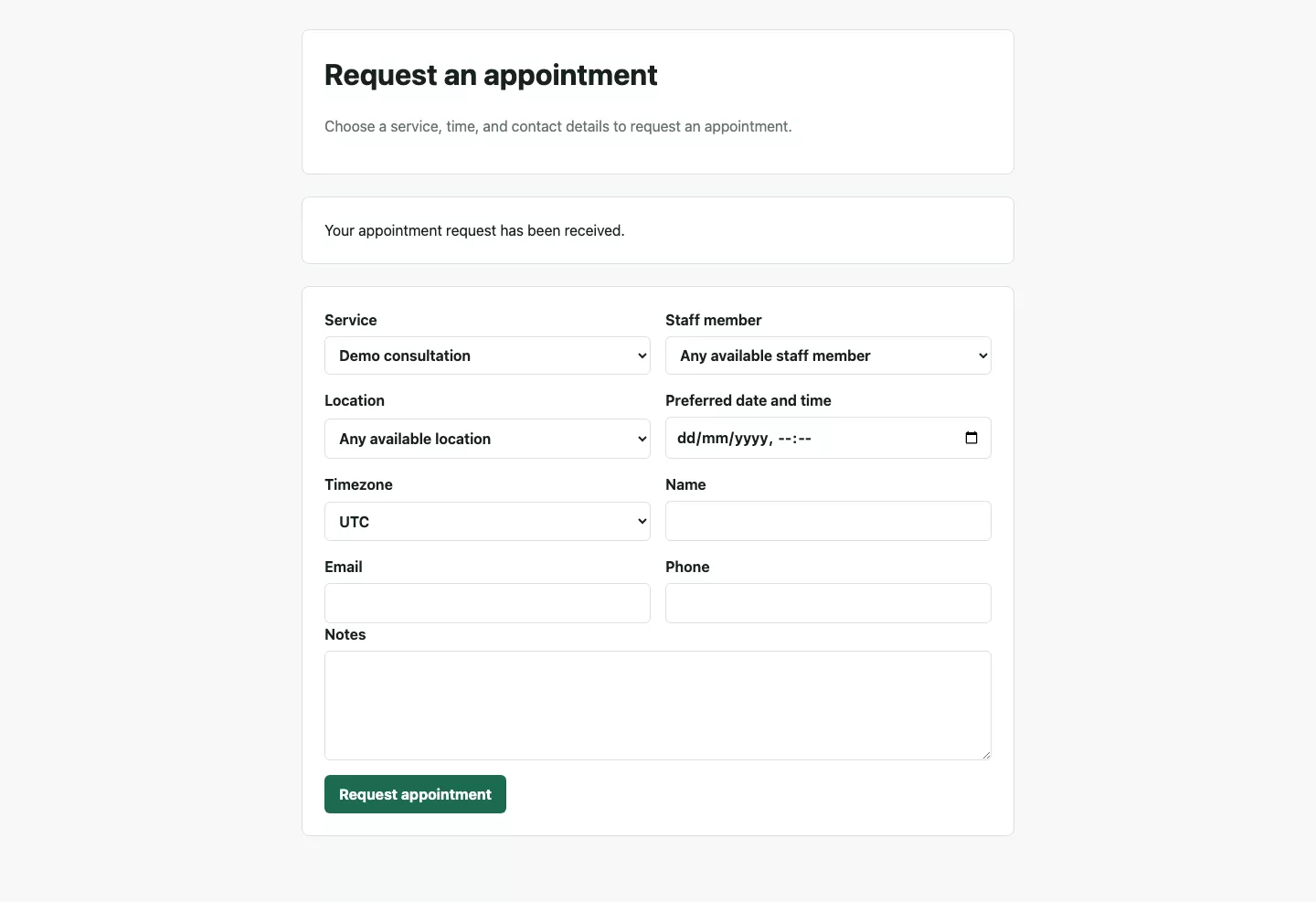 Public booking form after a valid appointment request is submitted.