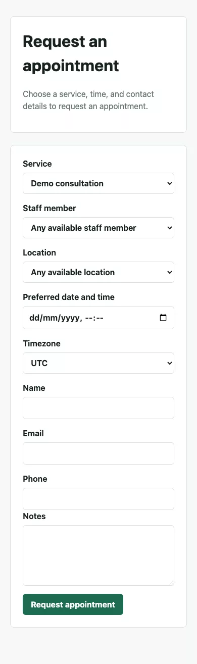 Public appointment request form at a mobile viewport.