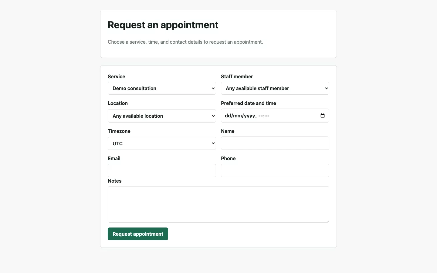 Public booking request form showing service, staff, location, time, and customer fields.