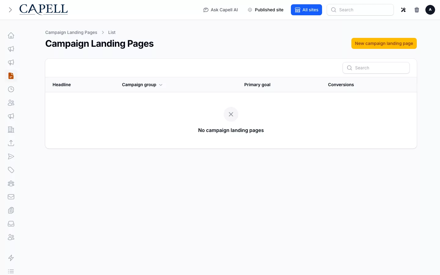 Campaign landing-page variants listing in the Capell admin