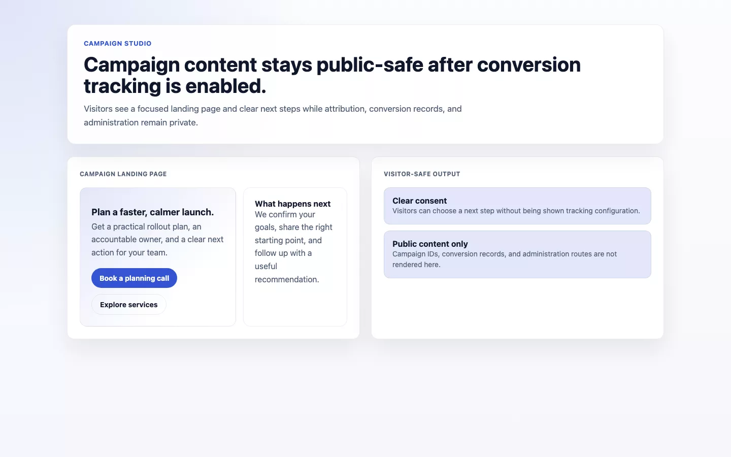 Campaign Studio screenshot showing campaign public conversion-safe output.