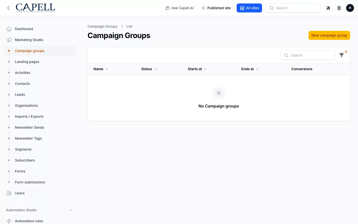 Campaign Studio screenshot showing campaign groups index with admin sidebar menu open.
