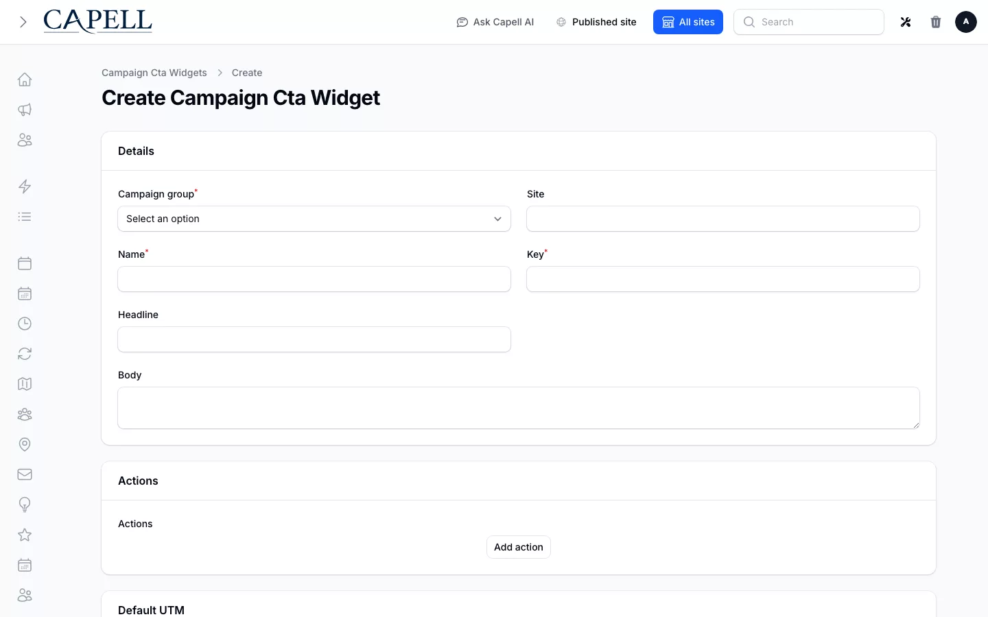 Campaign Studio screenshot showing cta widget form.