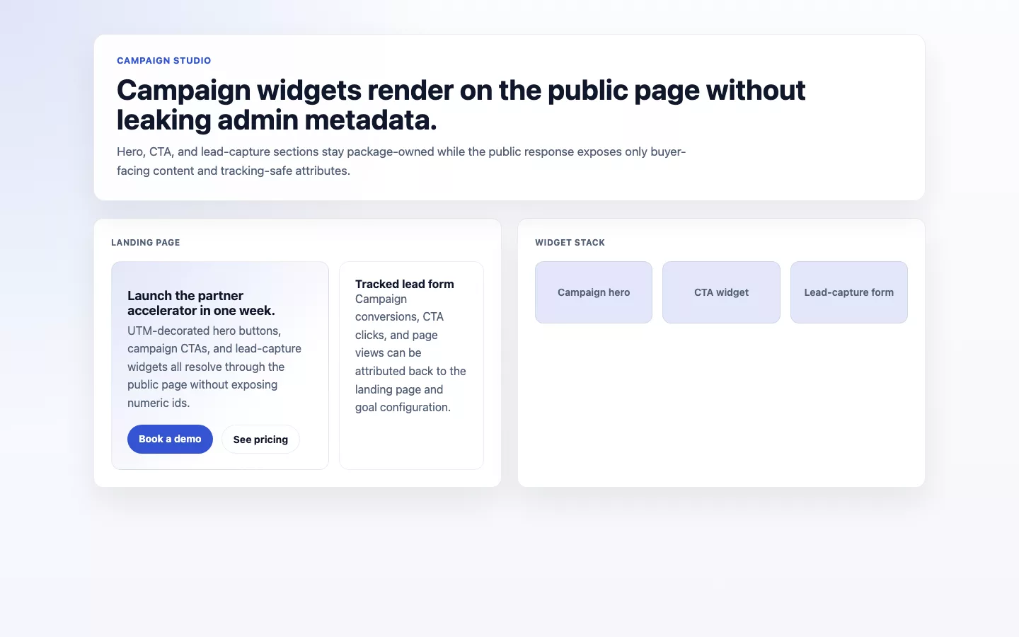 Campaign Studio screenshot showing frontend landing page with campaign widgets.