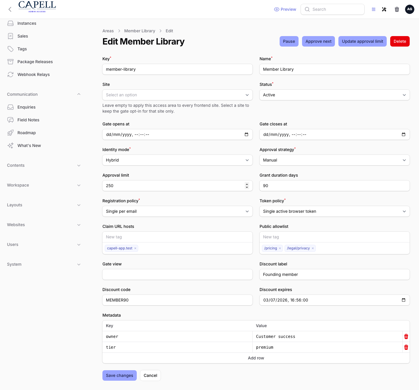 Access Gate access area form showing schedule, request, token, allowlist, and metadata settings.