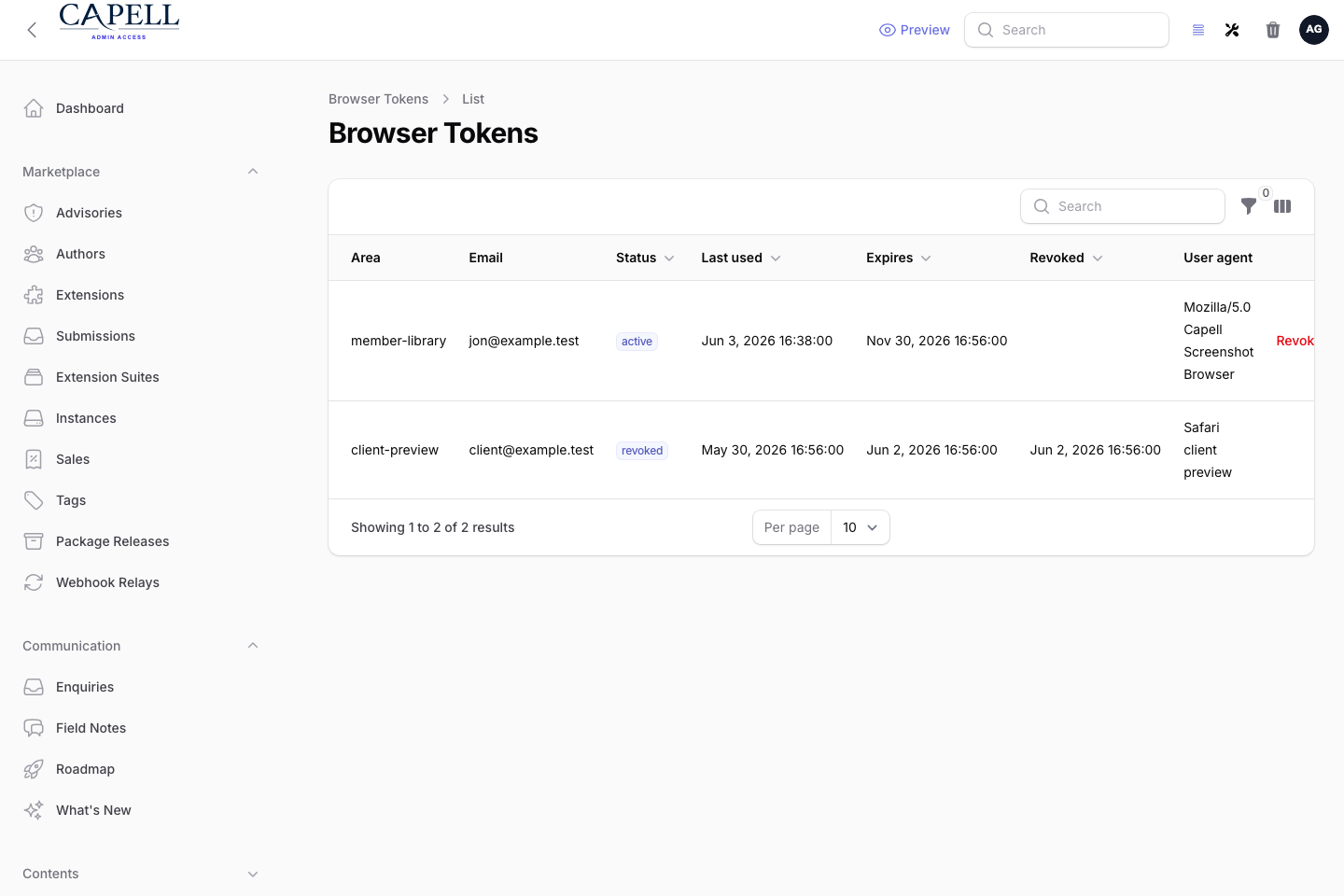Access Gate browser tokens admin index showing browser-bound access tokens and revoke state.