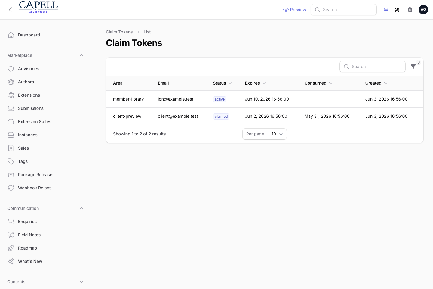 Access Gate claim tokens admin index showing issued, consumed, and expired approval links.