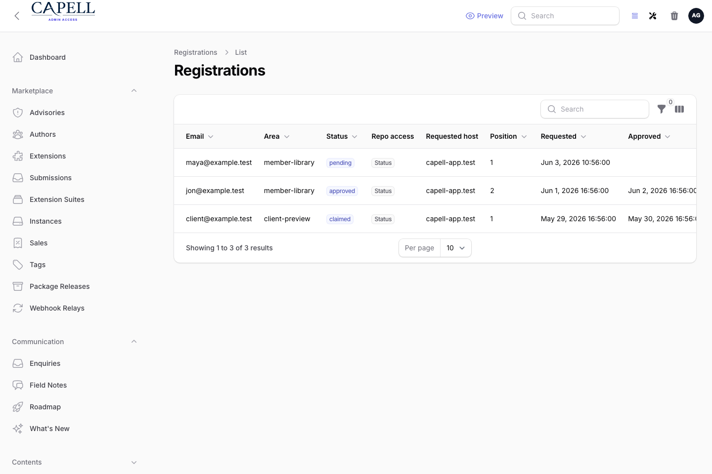 Access Gate registrations admin index showing pending and approved access requests.