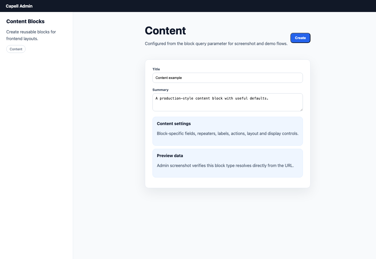 Capell admin content block create form