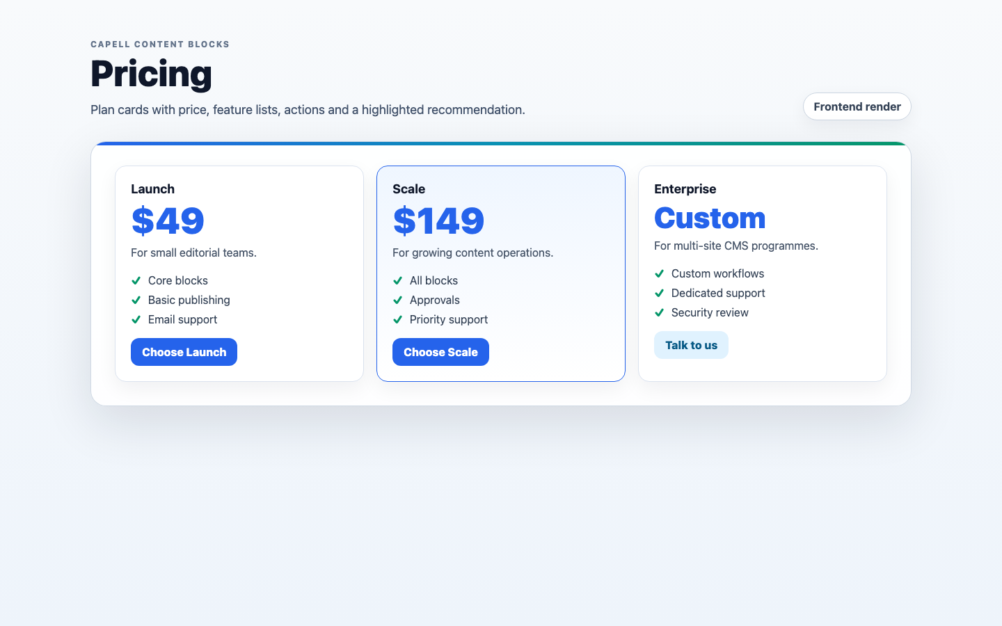 Frontend pricing block rendered from Block Library